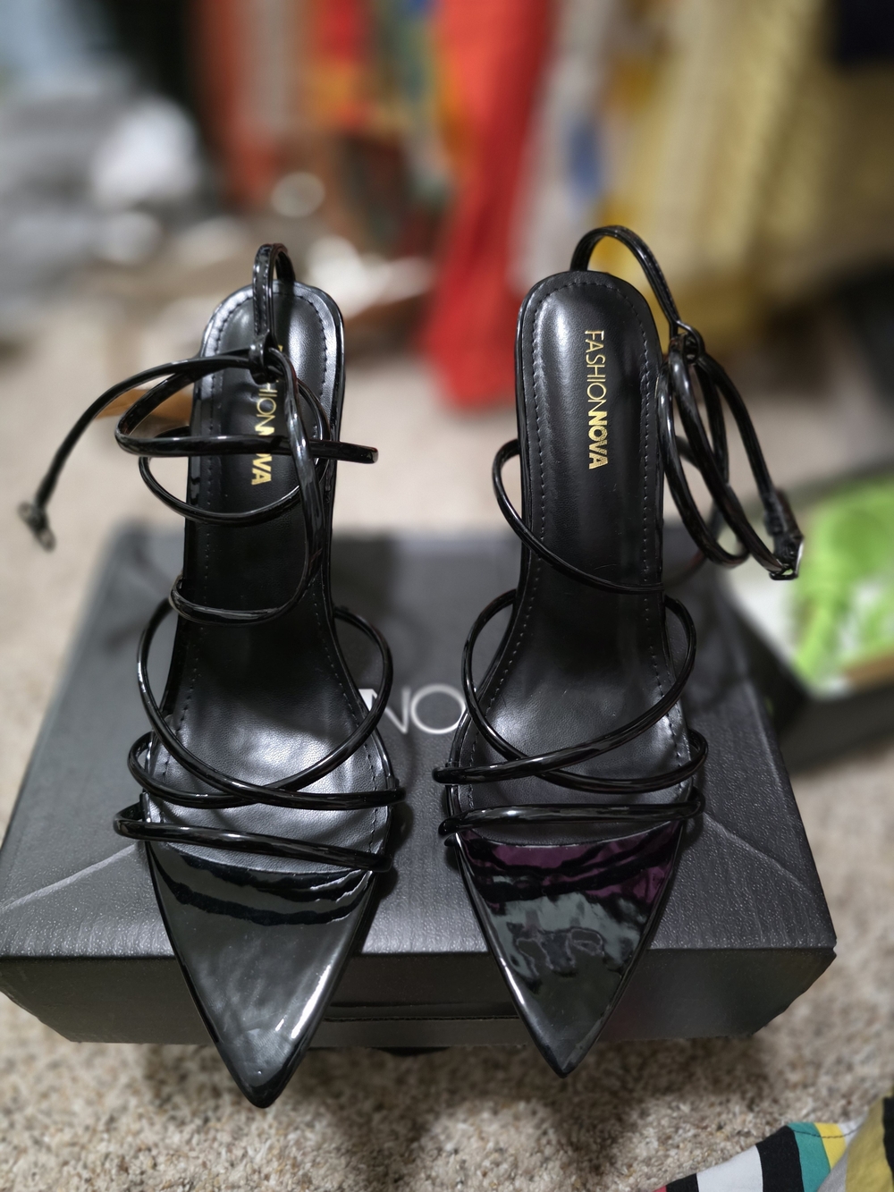 Fashion Nova Black Patent Strappy Pointed Toe Heels
